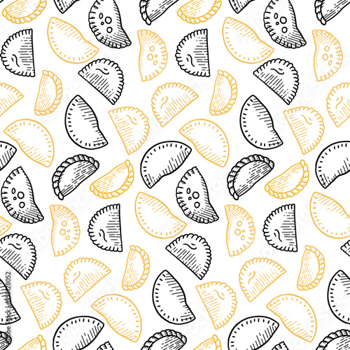 Seamless pattern with Mexican Empanadas in corn tortillas on white background. Vector contour outline illustration latin american food in linear sketch style.