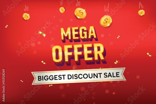 Mega Offer Sale 3D text on red background Big Sale. Raining gold credit coins. Biggest discount sale credit concept.