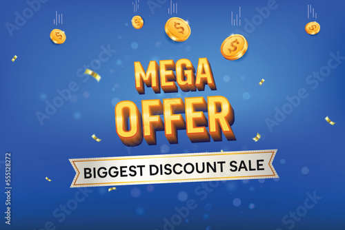 Mega Offer Sale 3D text on blue background Big Sale. Raining gold credit coins. Biggest discount sale credit concept.