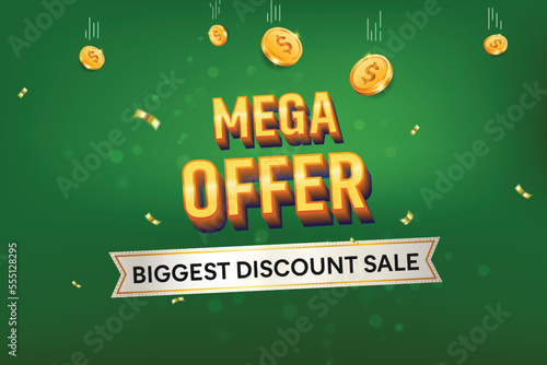 Mega Offer Sale 3D text on green background Big Sale. Raining gold credit coins. Biggest discount sale credit concept.
