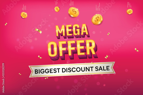 Mega Offer Sale 3D text on pink background Big Sale. Raining gold credit coins. Biggest discount sale credit concept.
