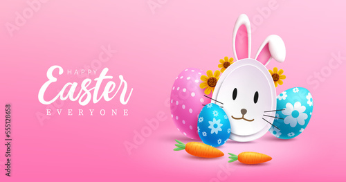 Happy easter text vector design. Easter egg hunt holiday season celebration in empty pink space for typography. Vector Illustration.
