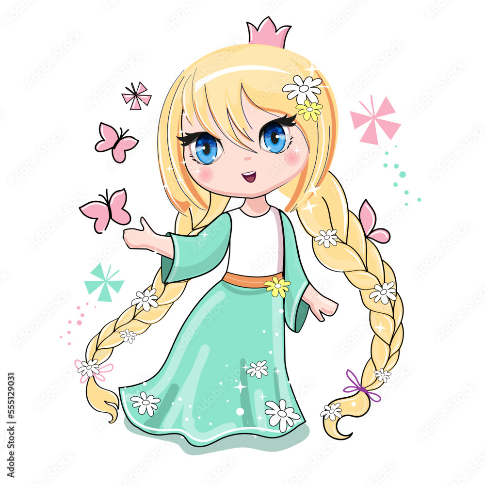 Cute cartoon anime princess girl with butterflies. Vector illustration print for children t-shirt on white background