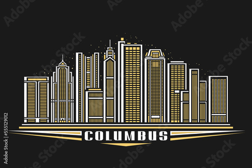 Vector illustration of Columbus, dark horizontal poster with linear design famous columbus city scape on dusk sky background, american urban line art concept with decorative letters for text columbus photo