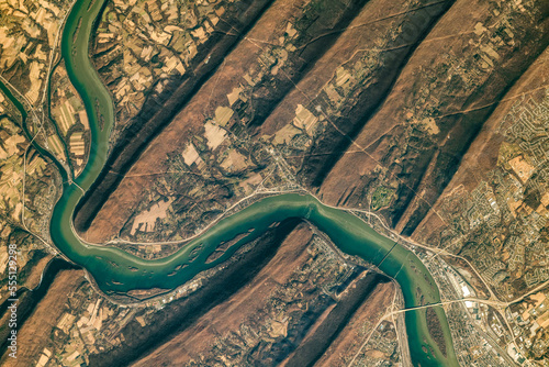 The Susquehanna River cutting through the folds of the Valley-and-Ridge province of the Appalachian Mountains. Digitally enhanced. Elements of this image furnished by NASA.   photo