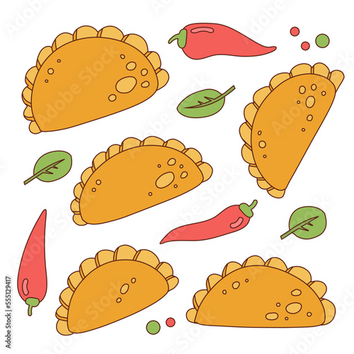 Hand drawn set of Mexican national food - empanadas with chili papers in the contour sketch style. Vector linear illustration collection.