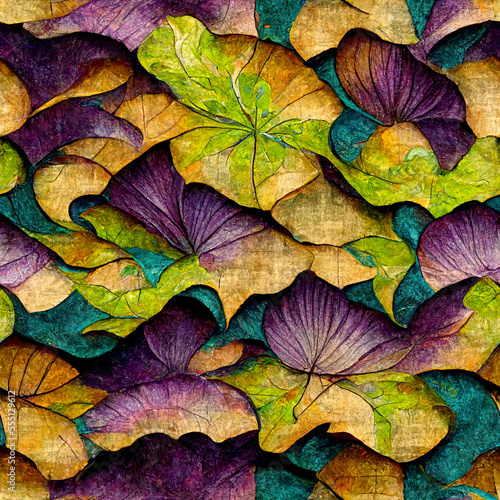 Abstract gingko background, seamless, tile, tiled background of purple-green-teal abstract gingko, nature, leaves, illustration generative ai