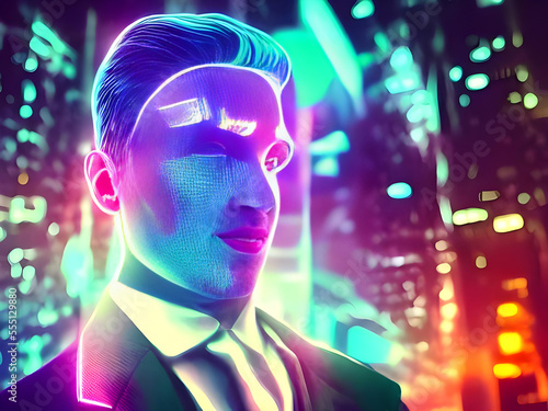 Hologram of a man in surreal Metaverse surounding. Neon Light Colours