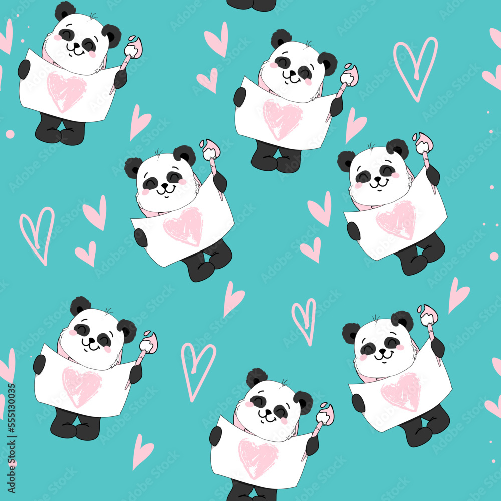 Cartoon panda with heart on a blue background seamless pattern. Vector cartoon illustration in kawaii style. Birthday and Valentines day Cartoon panda with heart on a blue background seamless pattern. Vector cartoon illustration in kawaii style. Birthday and Valentines day