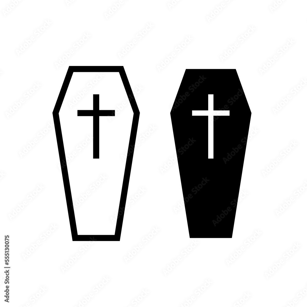Coffin icon. A symbol of death and burial. A coffin with a cross. Isolated vector illustration on white background. Coffin icon. A symbol of death and burial. A coffin with a cross. Isolated vector illustration on white background.