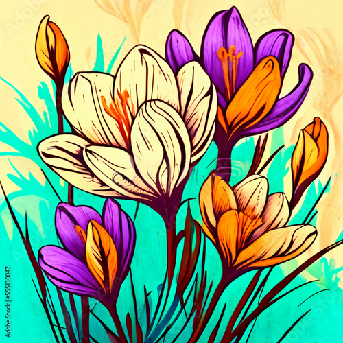 Crocus flowers, abstract floral background, AI Generated illustration