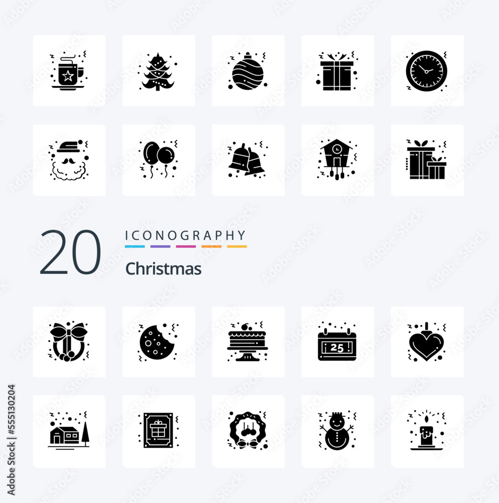 20 Christmas Solid Glyph icon Pack. like christmas. xmas. celebration. heart. date