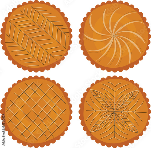 Galette des Rois, epiphany king cake in French. Vector cake icons from above with spiral, rectangular, leaf and arrow pattern.