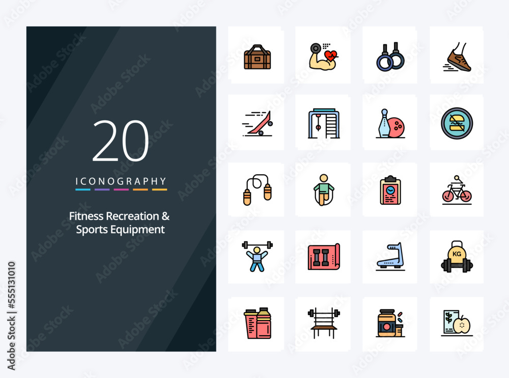20 Fitness Recreation And Sports Equipment line Filled icon for presentation. Vector icons illustration