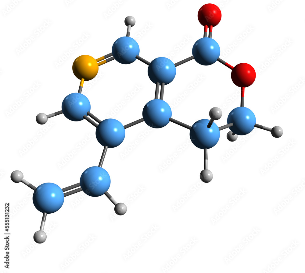 Obraz premium 3D image of Gentianine skeletal formula - molecular chemical structure of pyridine-derived alkaloid isolated on white background