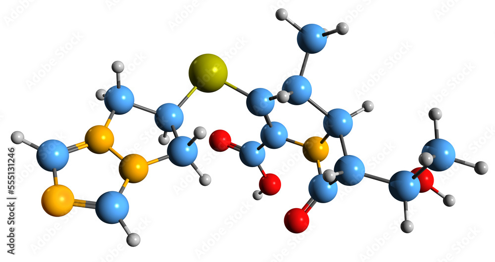 3D image of Biapenem skeletal formula - molecular chemical structure of carbapenem antibiotic isolated on white background
3D image of Biapenem skeletal formula - molecular chemical structure of carbapenem antibiotic isolated on white background