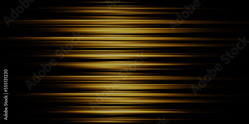 Golden horizontal lens flares pack. Laser beams, horizontal light rays. Beautiful light flares. Glowing streaks on dark background. Luminous abstract sparkling lined background