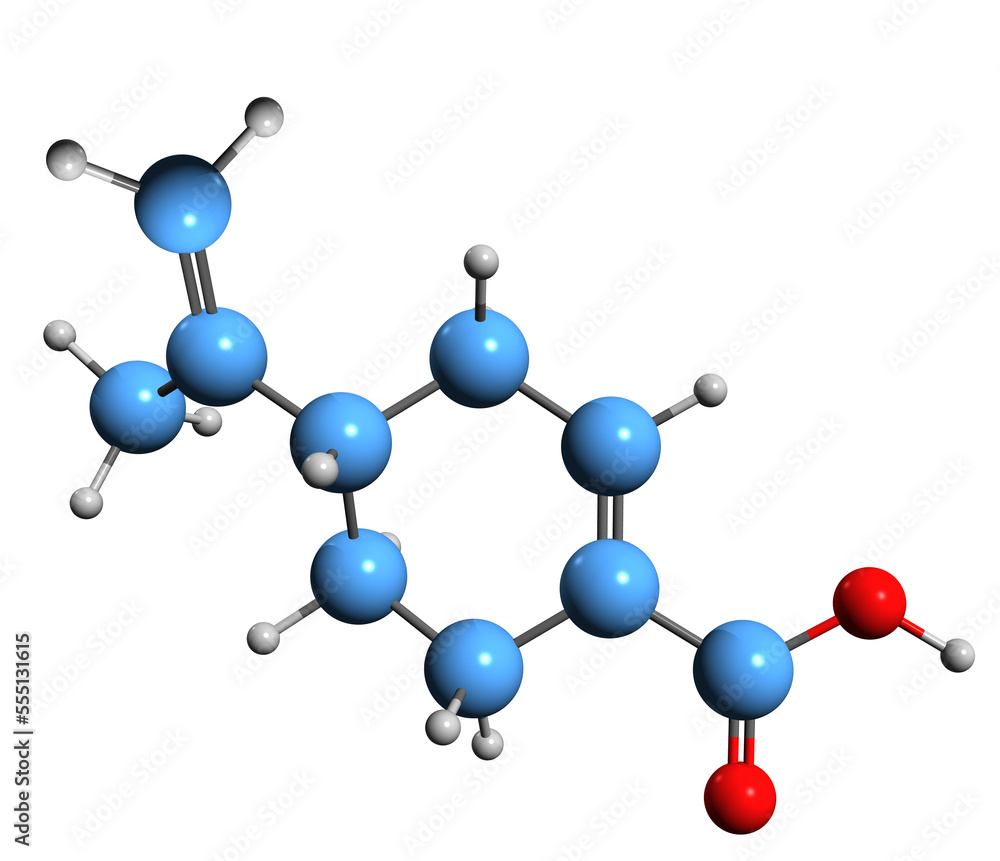 3D image of Perillic acid skeletal formula - molecular chemical structure of 4-Isopropenylcyclohex-1-enecarboxylic acid isolated on white background 3D image of Perillic acid skeletal formula - molecular chemical structure of 4-Isopropenylcyclohex-1-enecarboxylic acid isolated on white background