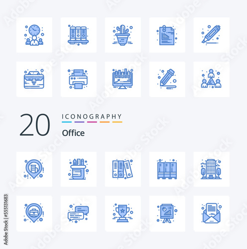 20 Office Blue Color icon Pack. like location. office. history. company. storage