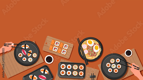 Banner, web page, landing page, horizontal with Asian food. Japanese restaurant concept. Girls eating sushi, rolls, ramen. Vector