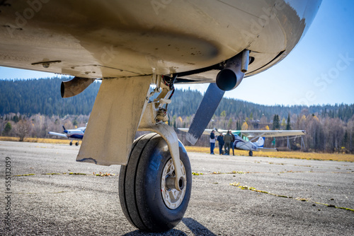 The front landing gear of a light propeller aircraft