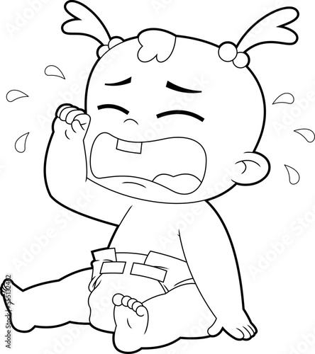 Outlined Cute Baby Girl Cartoon Character Crying. Vector Hand Drawn Illustration Isolated On Transparent Background
