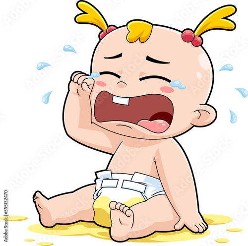 Cute Baby Girl Cartoon Character Crying. Vector Hand Drawn Illustration Isolated On Transparent Background