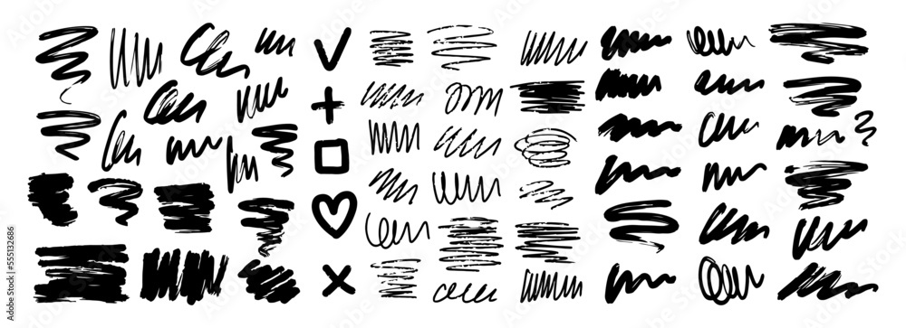 Collection of black abstract brush strokes, lines, signs, squiggles and swirls. Vector hand-drawn illustration isolated on white background. Perfect for decorations and various designs. Collection of black abstract brush strokes, lines, signs, squiggles and swirls. Vector hand-drawn illustration isolated on white background. Perfect for decorations and various designs.