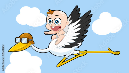 Cute Baby Boy Flying On Top Of A Stork Cartoon Characters. Vector Hand Drawn Illustration With Background