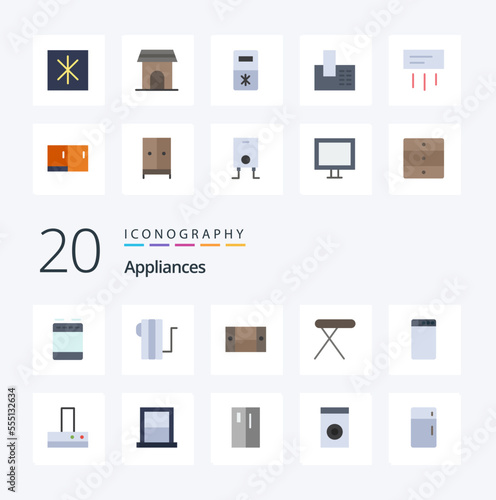20 Appliances Flat Color icon Pack. like kitchen. household. fridge. home. appliance