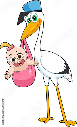 Stork Delivering A Baby Girl Cartoon Characters. Vector Hand Drawn Illustration Isolated On Transparent Background