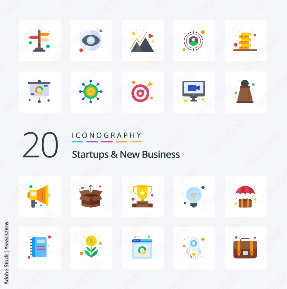 20 Startups And New Business Flat Color icon Pack. like office. case. winner. briefcase. light
