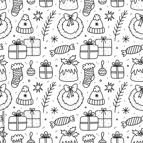 Cute xmas seamless pattern with baubles, Christmas pudding, wreaths, socks, gifts, snowflakes, stars. Vector hand-drawn doodle illustration. Perfect for wrapping paper, decorations, wallpaper, print.