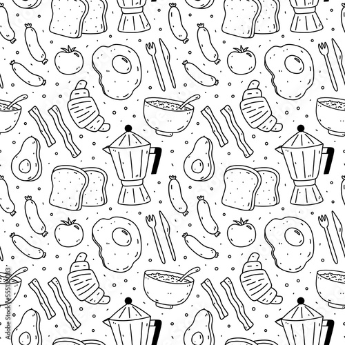 Cute seamless pattern with breakfast food - fried eggs, bacon, toasts, sausages, coffee, avocado, tomato, oatmeal. Vector hand-drawn doodle illustration. Perfect for print, wrapping paper, wallpaper.