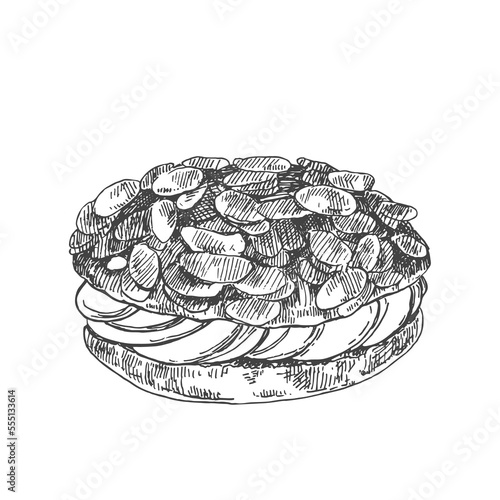 Hand drawn vector Bienenstich illustration. Traditional German bee sting cake. National dessert pieces template for design, ad, menu, label