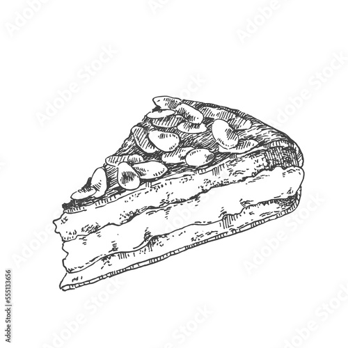 Hand drawn vector Bienenstich illustration. Traditional German bee sting cake. National dessert pieces template for design, ad, menu, label
