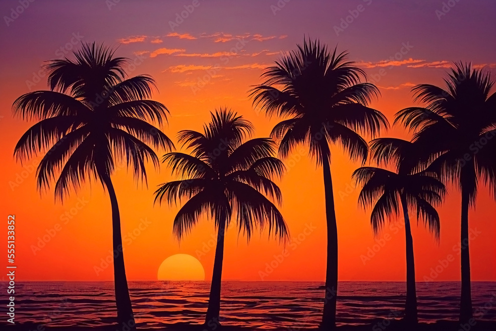 Red sky and sun sunset landscape view. Palm coconut trees black silhouette on the seashore. Tropical beach travel vacation background