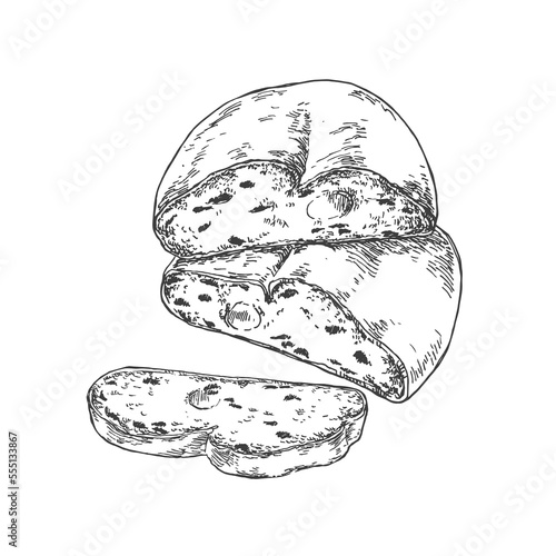 Hand drawn vector Christstollen illustration. Traditional Christmas German yeast bread with dried fruits, peeled citrus and sugar. Dessert stollen image template for menu, ad, design