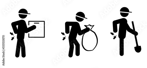 Heavy work. Medical complaints, body part pain. Cartoon stickman, stick figure man holding his back hurt. Backache symptom symbol. Back medical back pain. human, rheumatism, chronic back pain