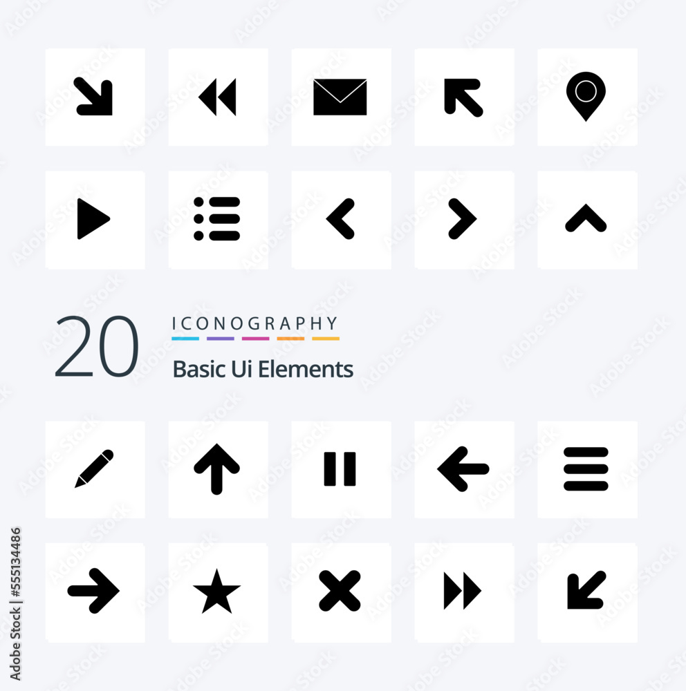 20 Basic Ui Elements Solid Glyph icon Pack like task point back control back arrow