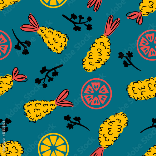 Ebi furai doodle seamless pattern with grilled shrimp and vegetables. Perfect print for tee, paper, textile and fabric. Retro style vector background for decor and design.