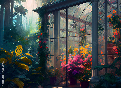 beautiful glass and iron conservatory full of blooming plants