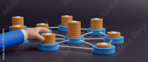 Business financial management, Investment management. Portfolio diversification. Smart businessman investor holding coins stack put on every month period, Dollar cost average investment. 3d render photo