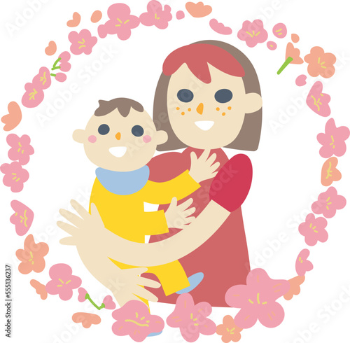 桜の花に囲まれる若い母親とベビー イラスト素材 