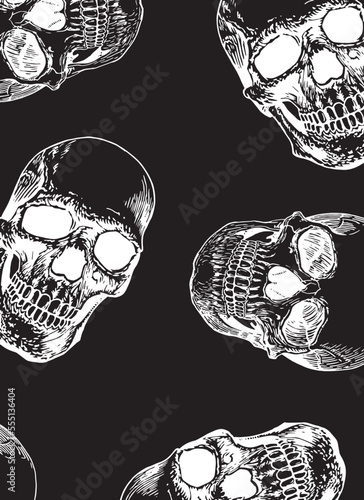 Graphical vertical pattern with human skulls on black background, wallpaper , fossils cover