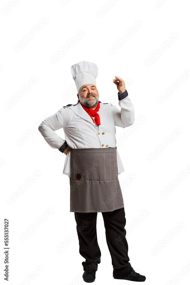 Portrait of bearded man, restaurant chef in uniform isolated on white background. Delicious, yummy. Professional cook Portrait of bearded man, restaurant chef in uniform isolated on white background. Delicious, yummy. Professional cook