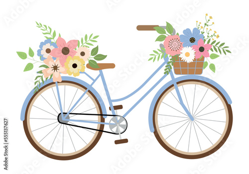 Cute romantic blue bike with spring flowers. Isolated on white background. Retro bike carrying basket, with flowers and plants. Vector illustration.