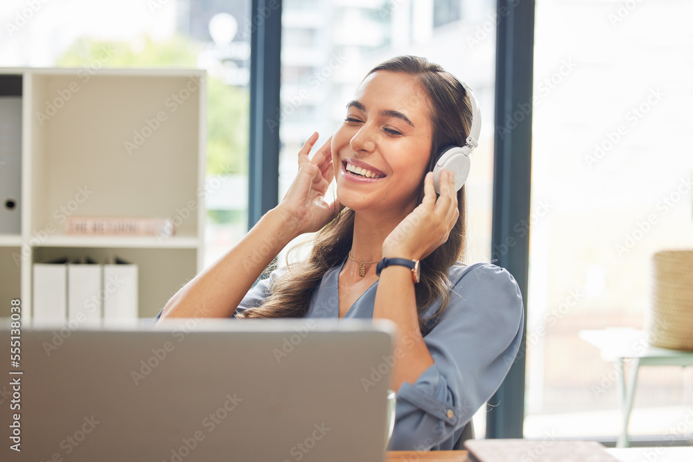 Headphones, woman and office for stress relief, happy and music for break, listen and calm. Business, female employee and administrator with headset for songs, radio and podcast in workplace to relax Headphones, woman and office for stress relief, happy and music for break, listen and calm. Business, female employee and administrator with headset for songs, radio and podcast in workplace to relax