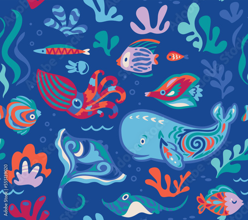 Seamless pattern with cute underwater life in ethnic style