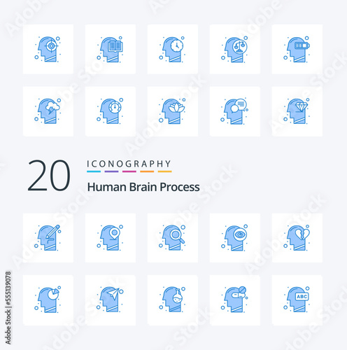 20 Human Brain Process Blue Color icon Pack like emotions vision mind mind search